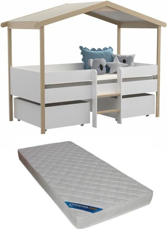 Hutbed SAROSI - Wit en Eiken - 90 x 190 cm - Met Laden en Matras