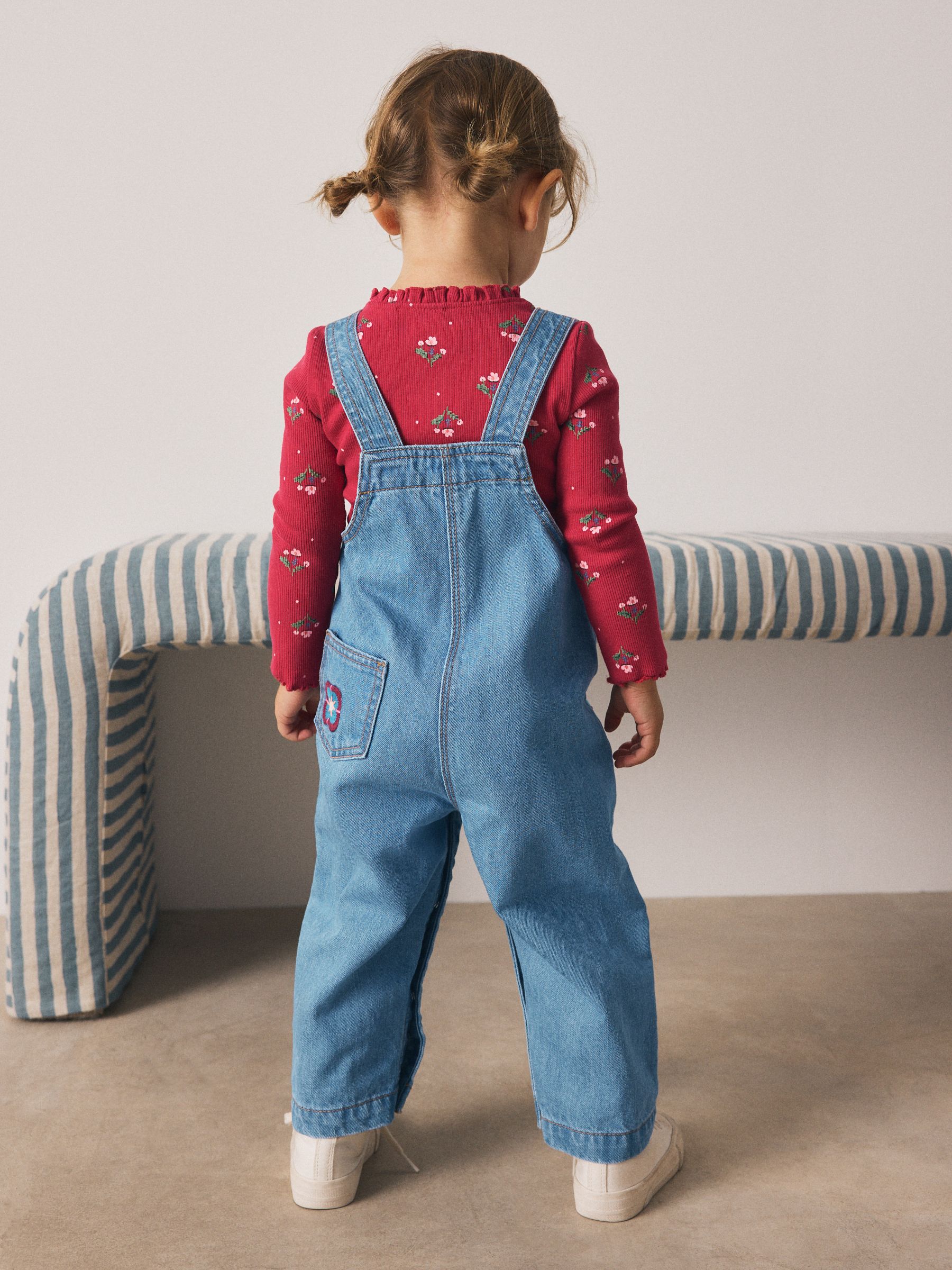 Normaal blauw - Geborduurde tuinbroek met bloemen (3mnd -7jr)