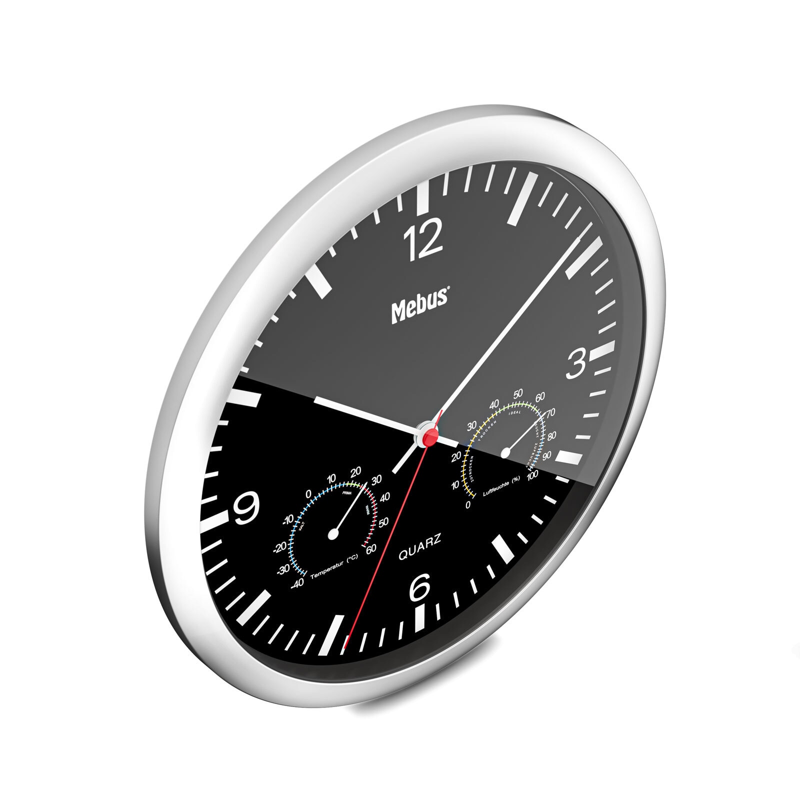 Mebus Quarz-Wanduhr mit Thermo- und Hygrometer 25 cm schwarz