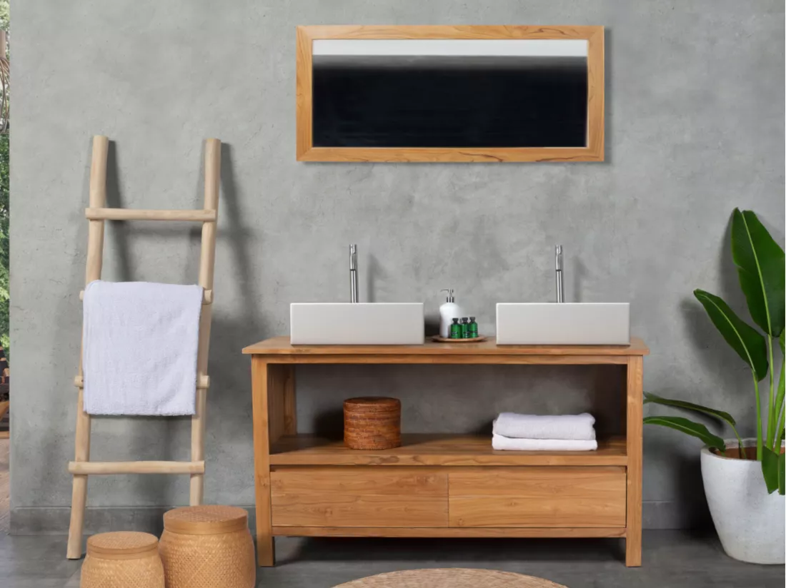 Meuble de salle de bain en teck avec double vasque et miroir - 135 cm - KETAPANG