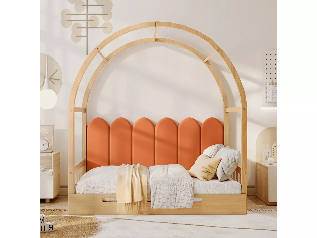 Lit gigogne 140x100/200cm en bois massif - avec tête en velours et sommier à lattes - Orange