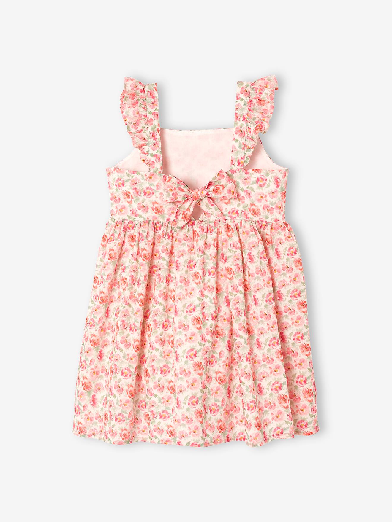 Vestido de festa com flores e alças com babados, estampa branca clara.