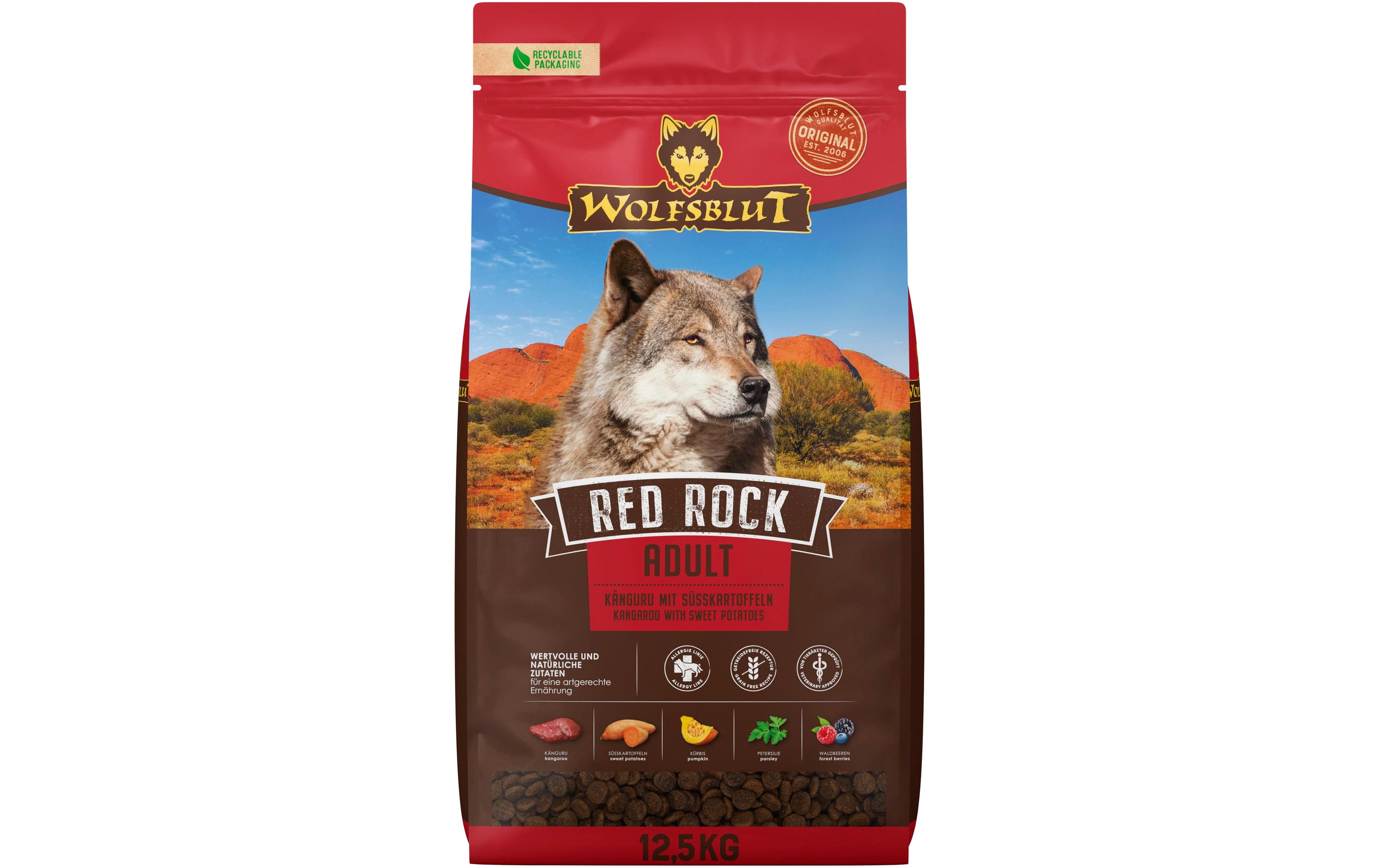 Trockenfutter Dog Red Rock Adult, 12.5 kgMit Känguru und Kürbis
