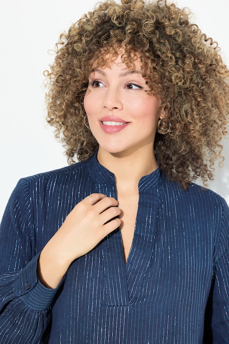 Bluse, Metallic-Streifen, A-Linie, V-Ausschnitt, Langarm