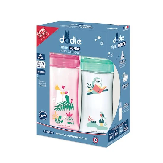 Lot de 2 biberons Initiation+   Hibou Vert/Rose Danseuse        330 ml   de               Dodie