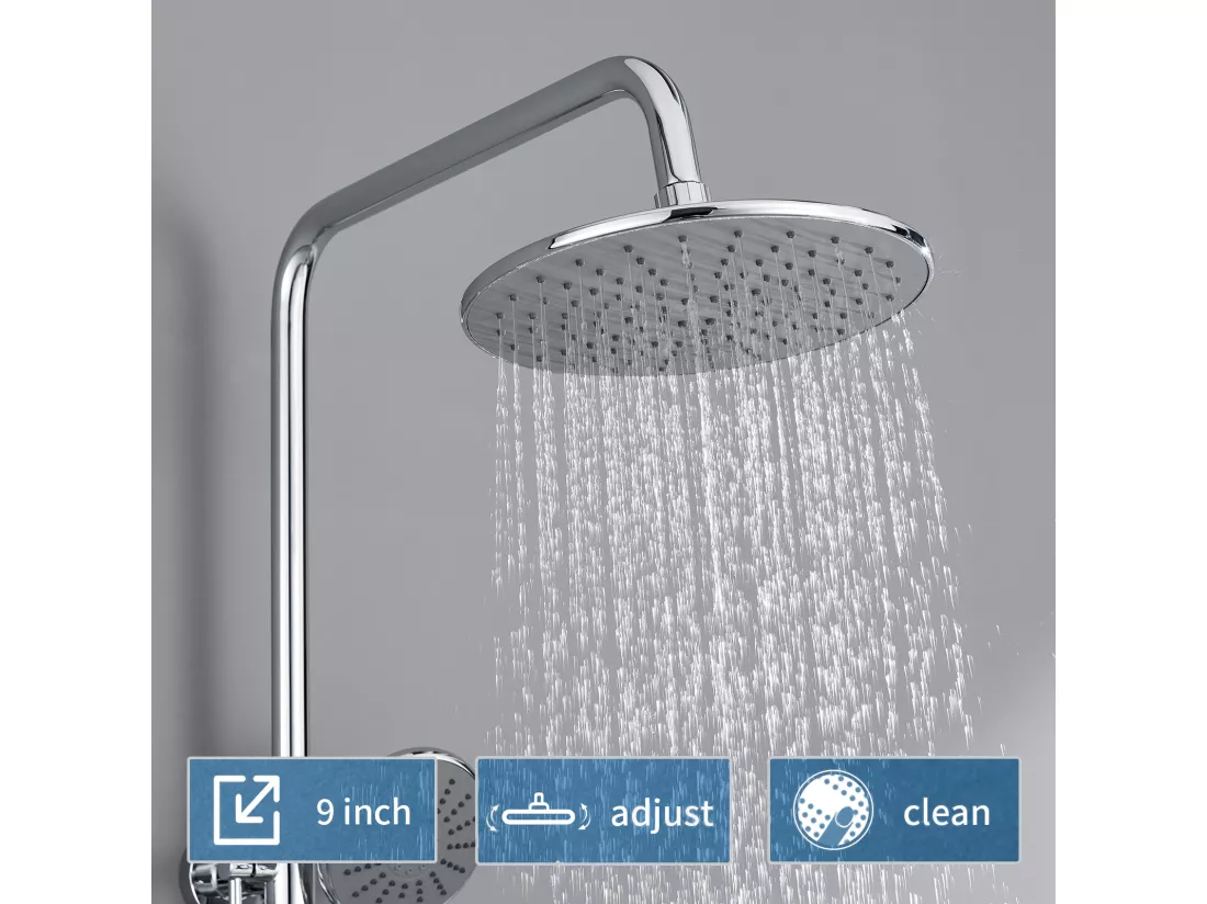 Colonne de Douche Thermostatique,Douchette à Main 3 Jets,9 Pouces Tête de Douche,Ensemble de Douche Hauteur Réglable entre 800-1100mm,Chromé