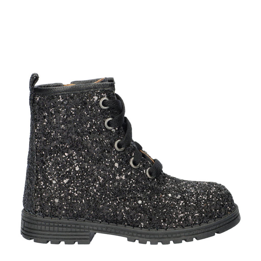 Nelson Kids leren veterboots met glitters zwart