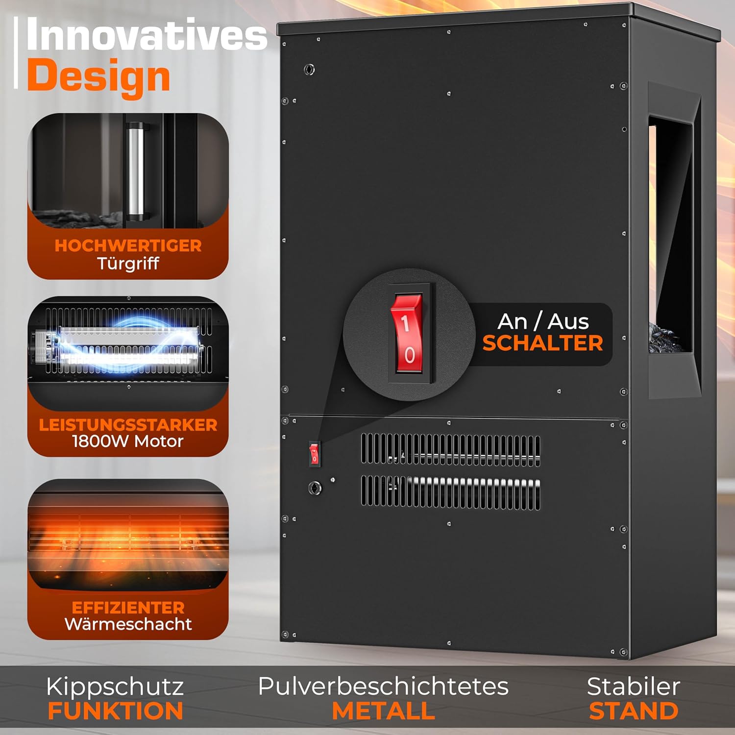 TRESKO® Elektrokamin mit Heizung inkl. Fernbedienung & WiFi App | Kamin elektrisch 1800W LED-Flammeneffekt Farbmodi | Kaminfeuer Thermostat, Timer | Elektro Kaminofen Standkamin 2 Heizstufen (Schwarz)