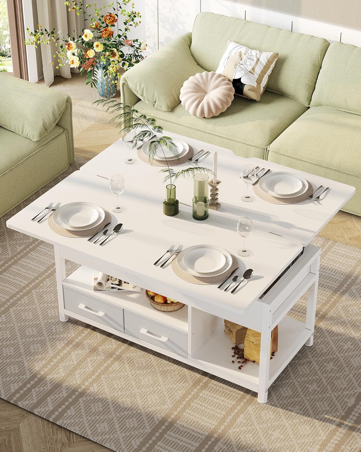 Couchtisch Höhenverstellbar, 3-in-1-Multifunktions-Wohnzimmertisch, Couchtisch mit 2 Schubladen, Kaffeetisch, Versteckte Aufbewahrung, Offenes Fach, Als Esstisch nutzbar, für Wohnzimmer, Büro, Weiß