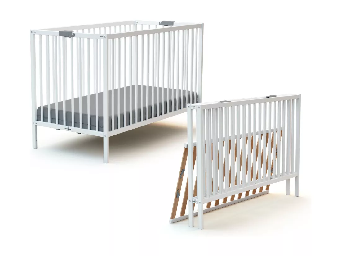 Lit bébé pliant 60 x 120 en bois Blanc avec matelas