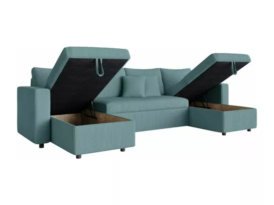 Canapé panoramique 6 places Maria convertible avec 2 coffres en velours côtelé - Bleu clair - L295 x P146 x H81cm - Loungitude