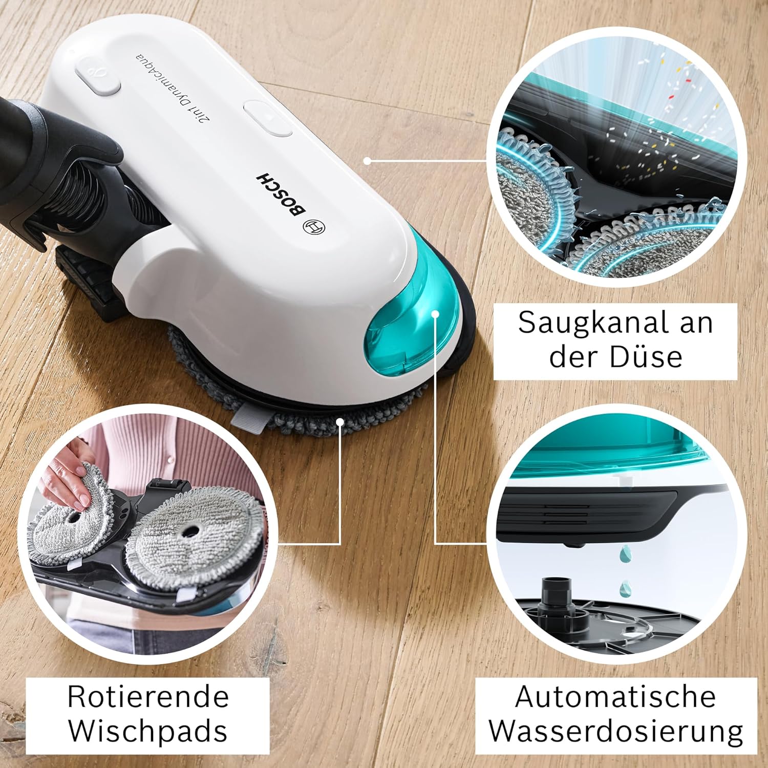 Bosch Akku-Staubsauger Unlimited 7 ProHygienic Aqua BKS71HYG1, kabellos, 2in1 Saugen & Wischen, Knickrohr, HEPA-Filtersystem, 10 J. Motorgarantie, Wechselakku, Schnellladegerät, Made in Germany, weiß
