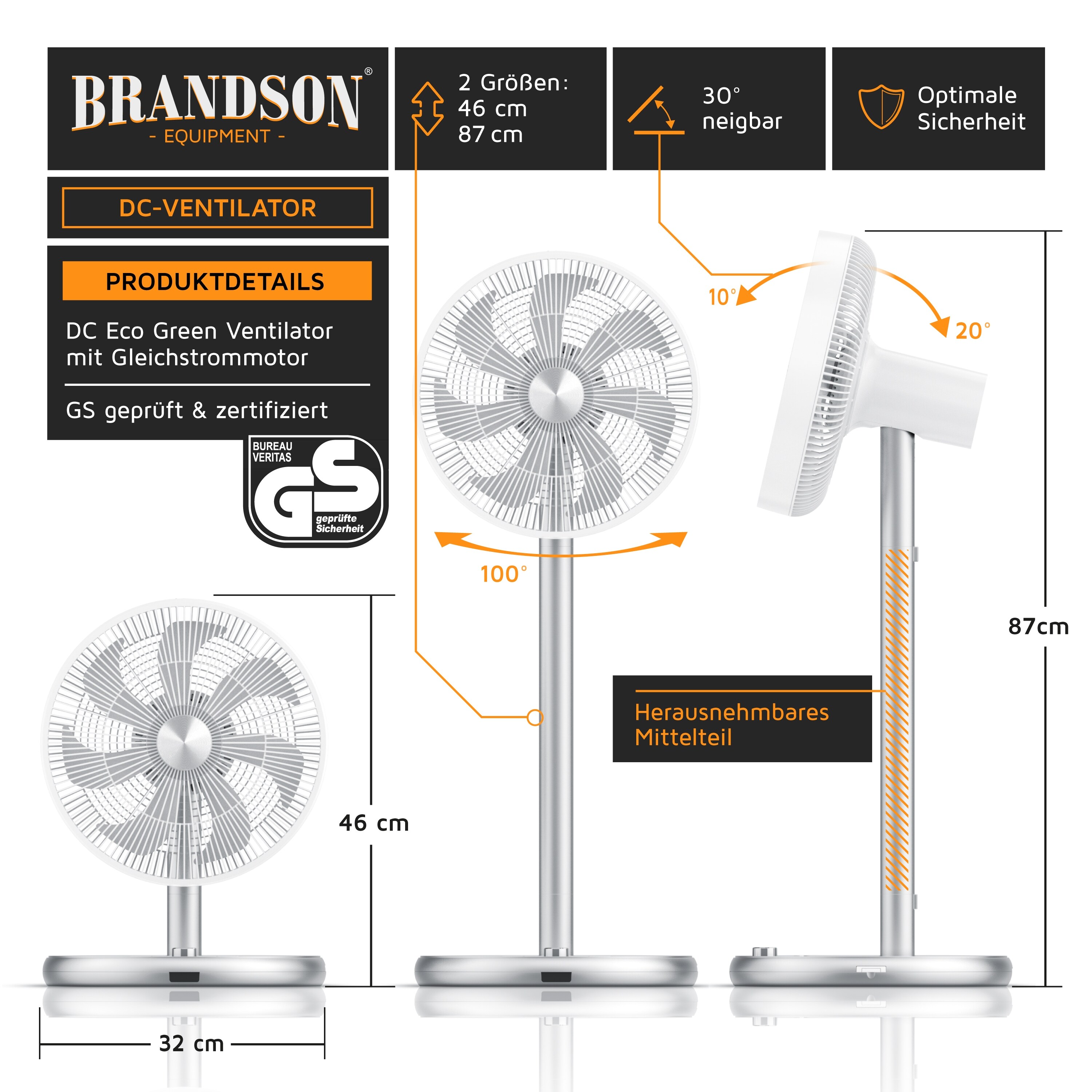 Brandson - Standventilator mit DC Motor - ECO Energiesparend - 9 Geschwindigkeiten - Ventilator mit Fernbedienung - Timer - 100° Oszillation - LED