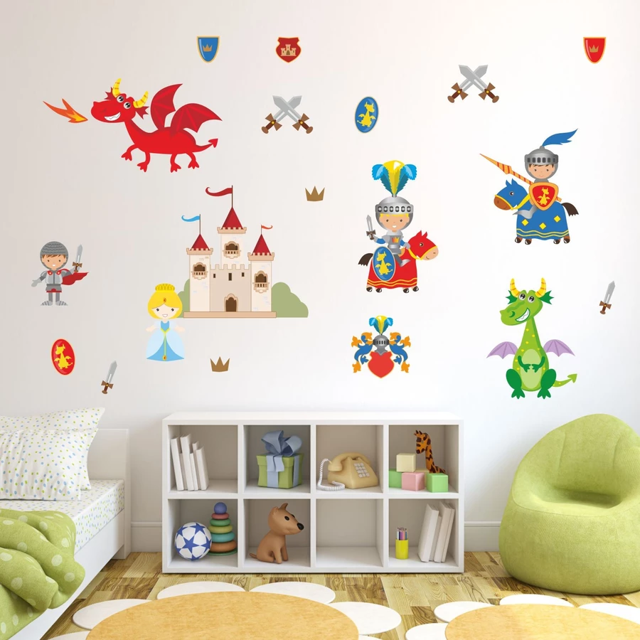 Nikima Wandtattoo 008 Wandtattoo Ritter mit Drachen Burg Prinzessin Schwert Pferde Wappen bunt