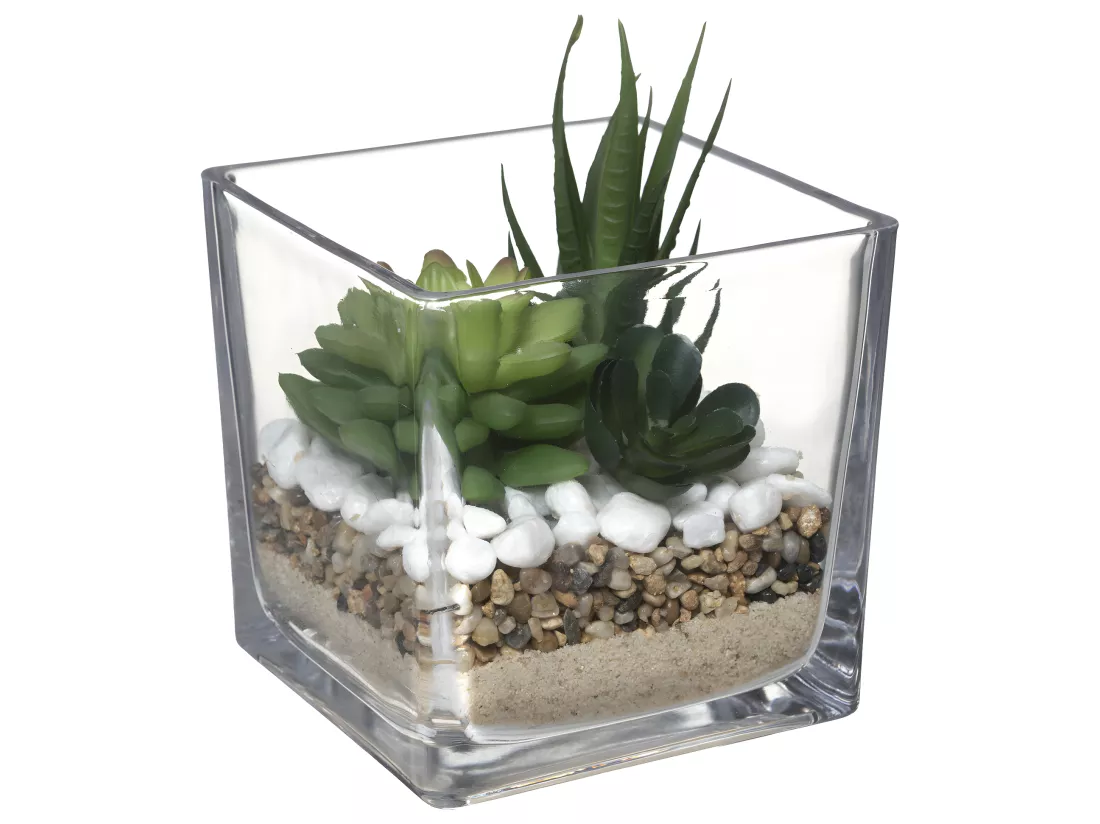 Composition de plantes arificielles Pot en Verre H 15 cm