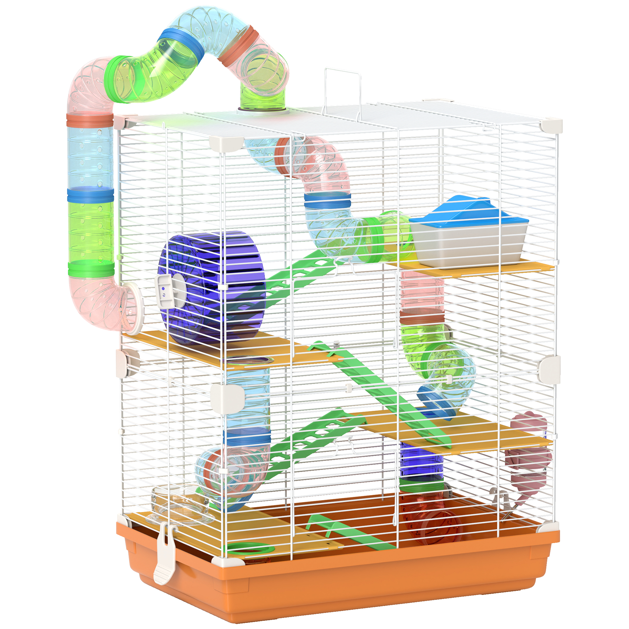 Gaiola PawHut para Hamster, Casinha para Pequenos Animais com Túnel, Plataformas, Bebedouro, Rampas e Roda de Exercícios, 46x30x58 cm, Laranja