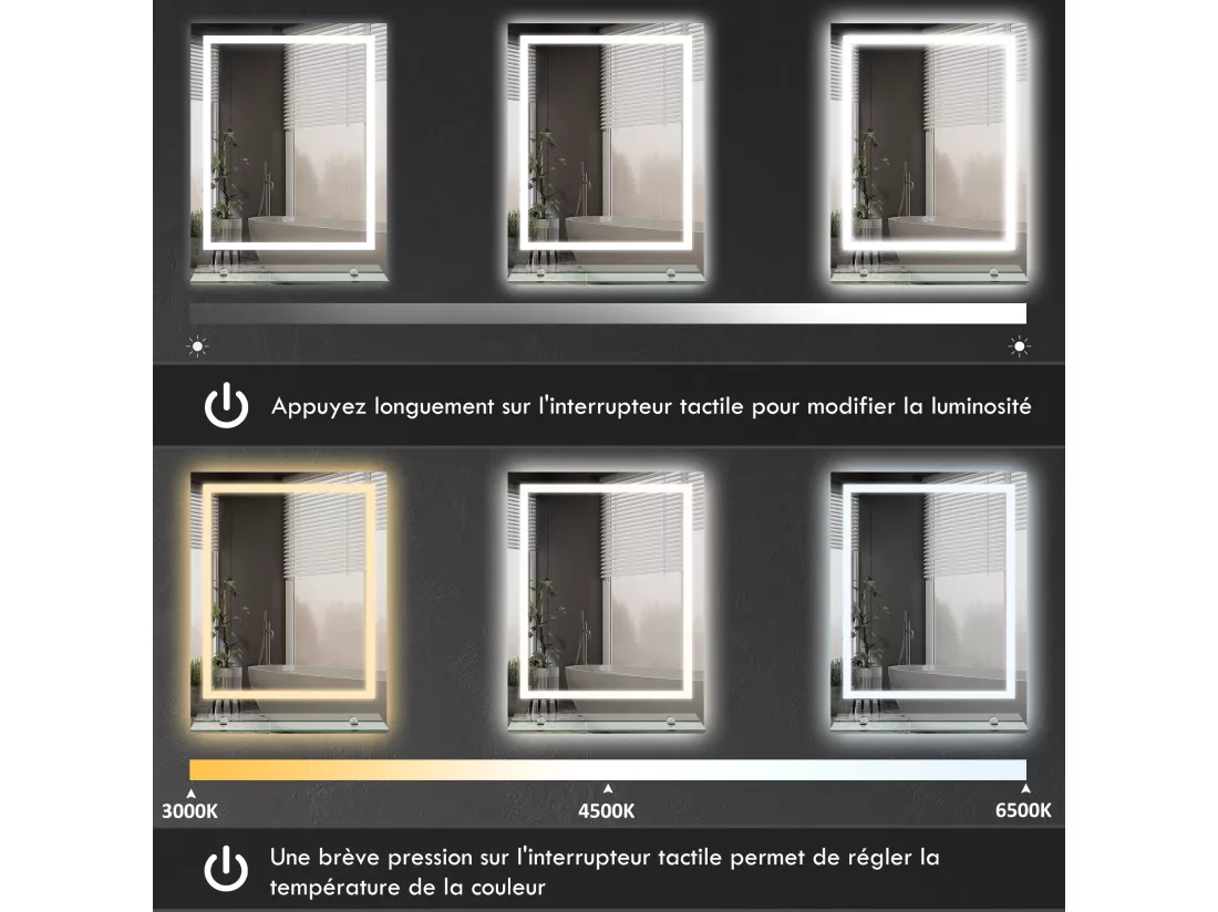 Miroir lumineux LED 29W antibué réglable interrupteur tactile étagère intégrée 50L x 14P x 70H cm