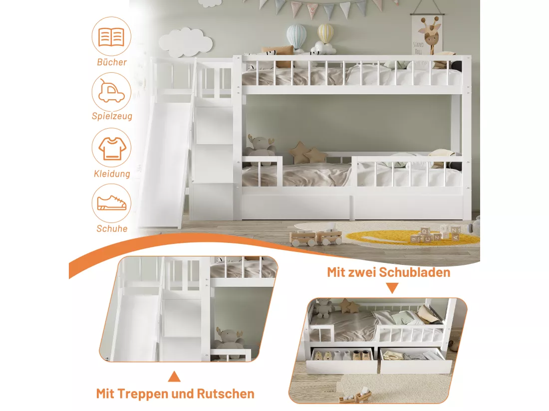 Lits superposés 2 x 90 x 200 cm avec 2 tiroirs et toboggan - bois massif - blanc
