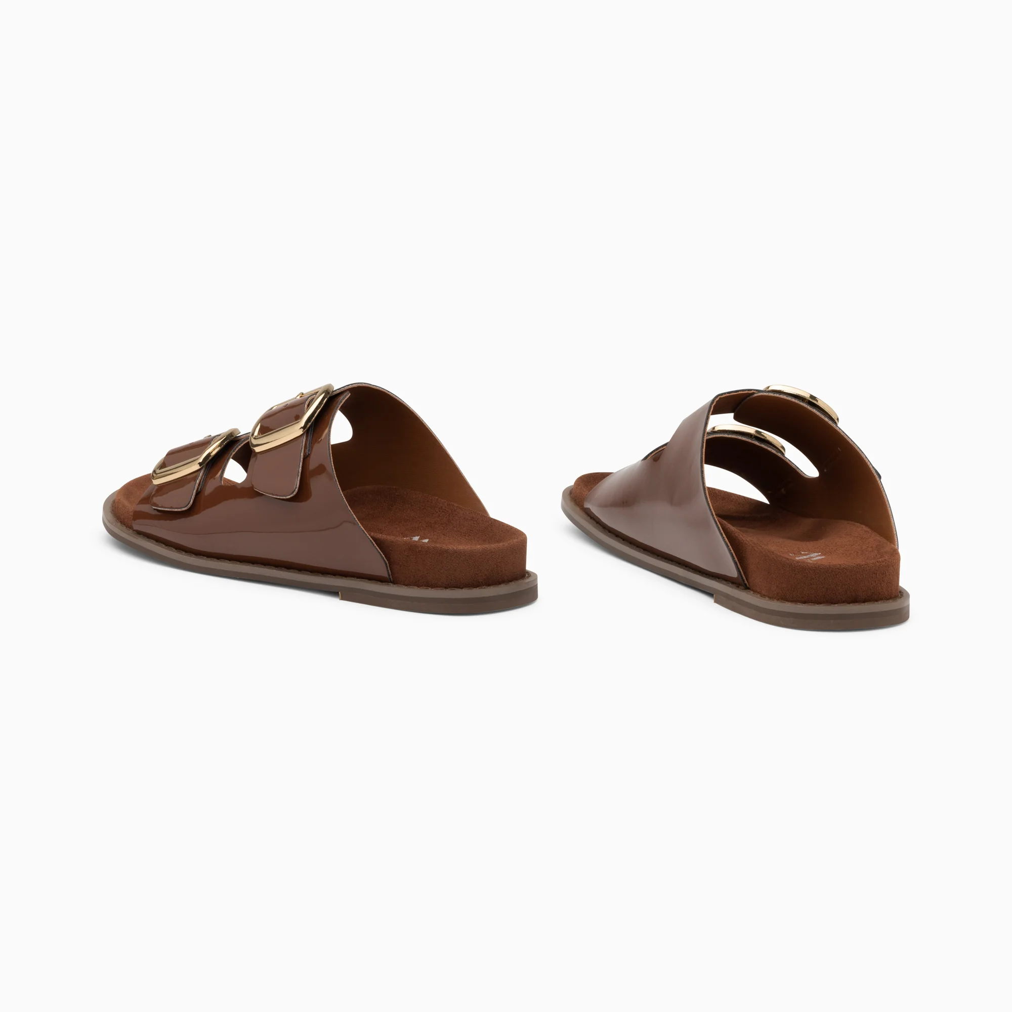 Sandales plates-Mules plates Célia marron verni à boucles oversize
