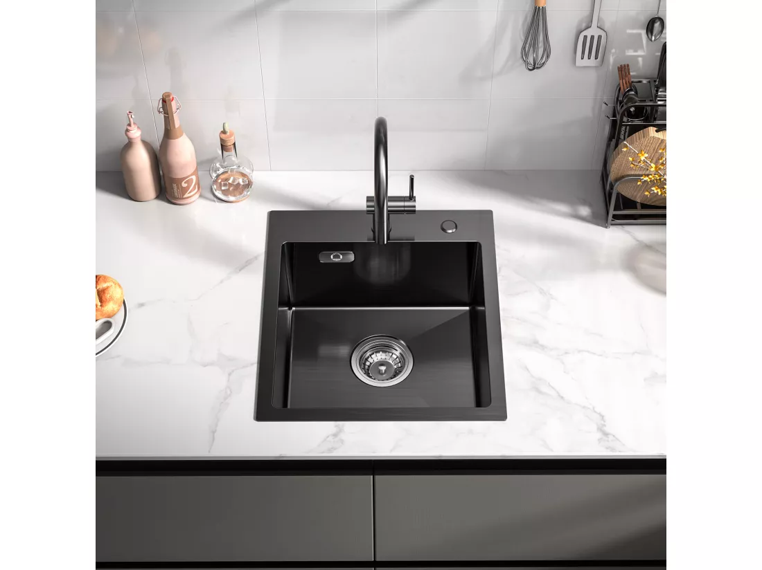 Evier Cuisine 1 Bac Noir Anthracite 40*45*19CM - Évier Inox 1 Cuve Évier de Cuisine + 300ML Distributeur de Savon de Cuisine Chromé