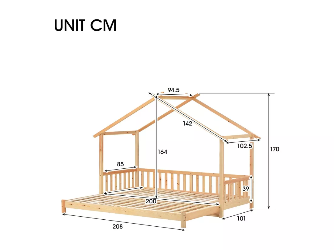 Lit gigogne - lit cabane pour enfant 90(180)x200cm en bois massif - Naturel