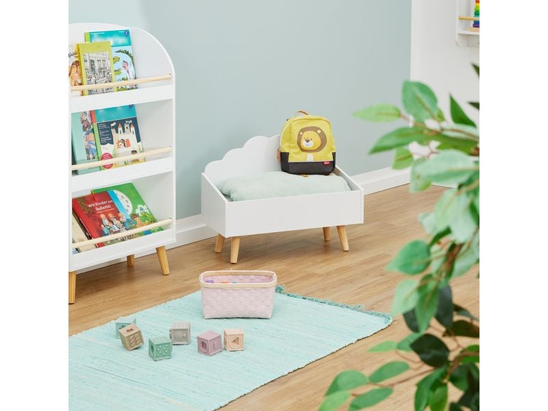 relaxdays Spielzeugtruhe, MDF / Kiefern Kindertruhe im Wolken-Design