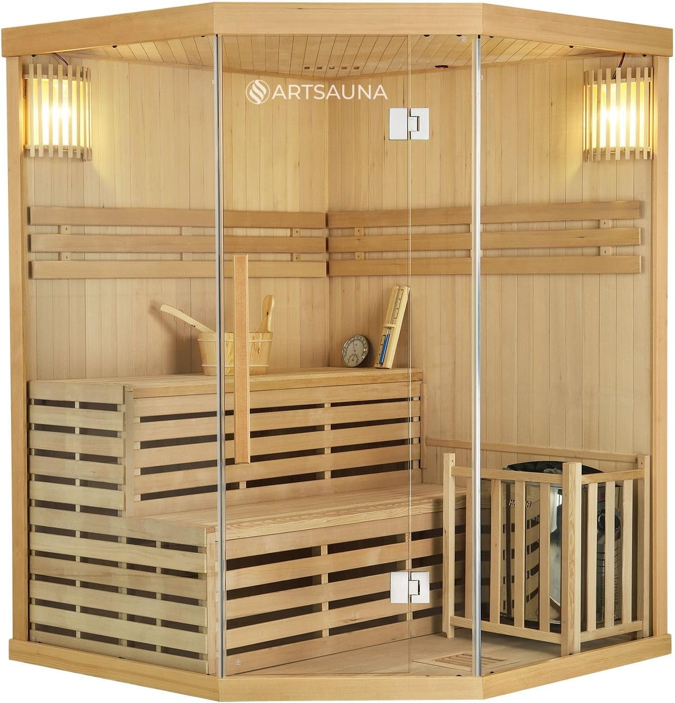 Artsauna Saunakabine Espoo150 Premium mit Harvia Ofen — 3 Personen — Hemlock Holz, Glasfront und LED Licht — Inkl. Thermometer & Sanduhr —Komplett Set