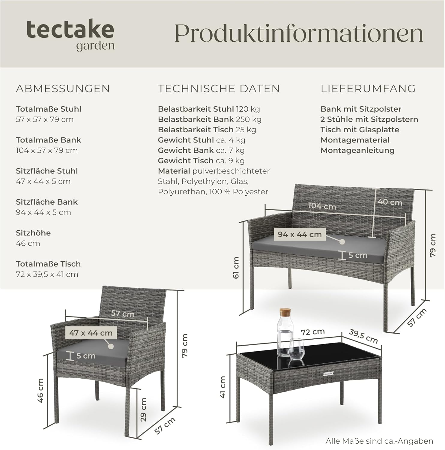 tectake® Rattan Gartenmöbel Set, Outdoor Lounge Möbel,1x Gartenbank, 2X Stuhl, 1x Balkontisch, mit Outdoor Kissen wetterfest, Balkonmöbel Kleiner Balkon, Lounge Gartenmöbel, Terrassenmöbel - grau