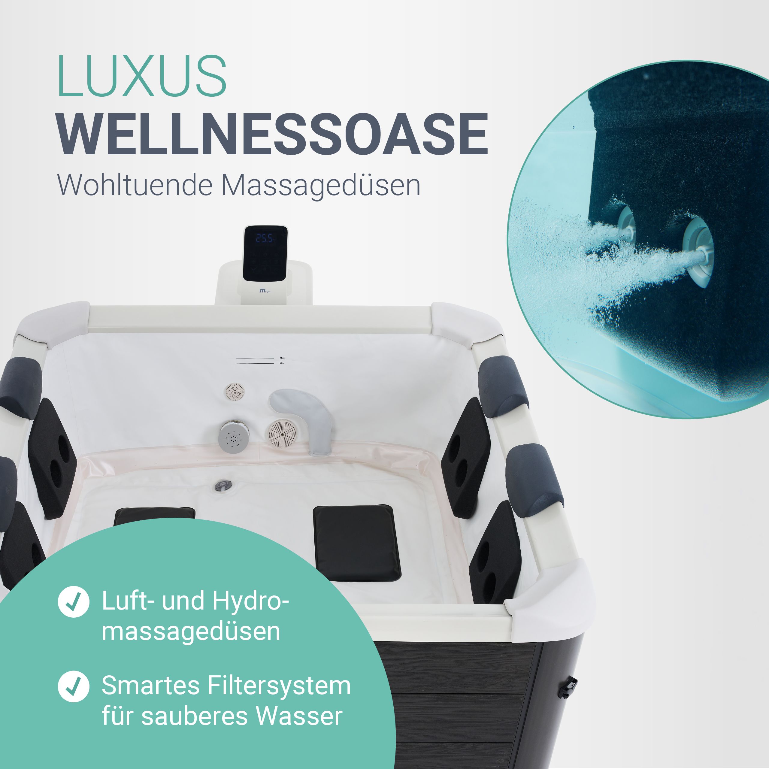 Whirlpool Oslo für 6 Personen - Indoor & Outdoor Pool mit LED, Zubehör & App - Hot Tub Grau