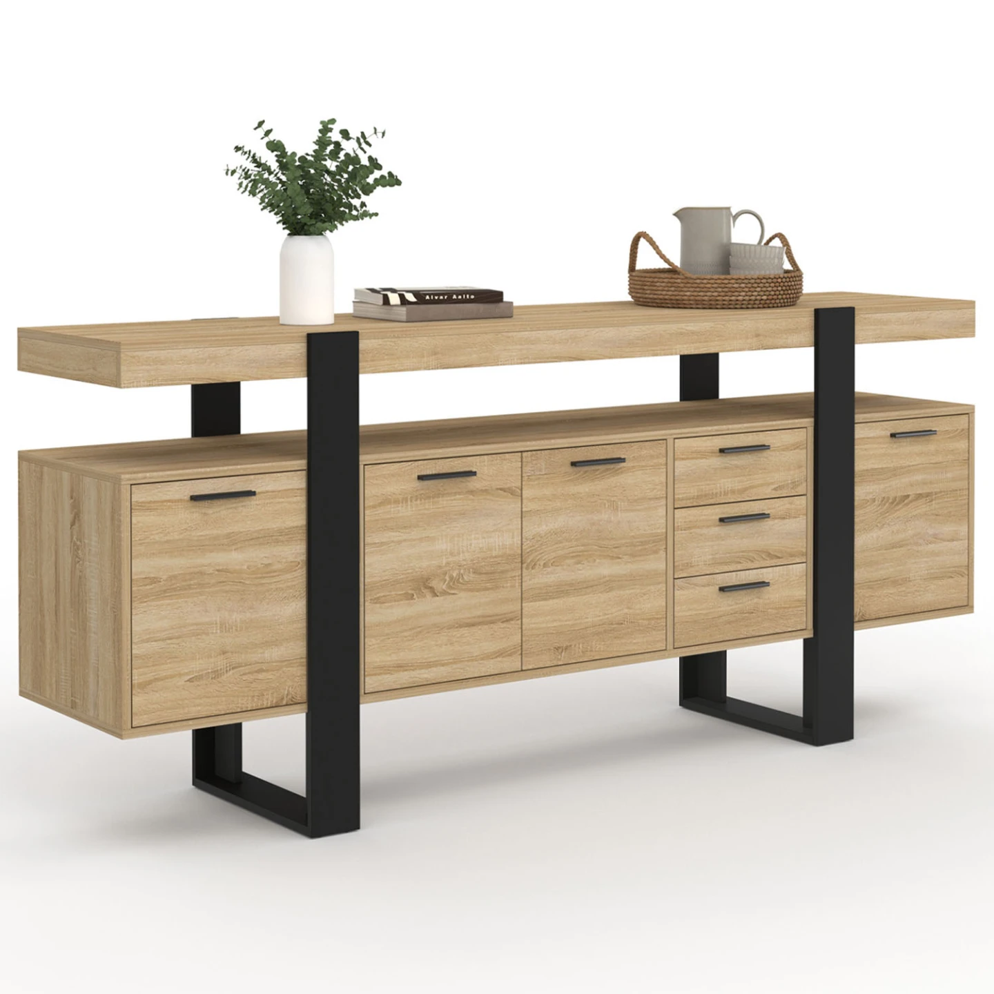 Buffet 180 cm PHOENIX XXL 4 portes et 3 tiroirs bois et noir