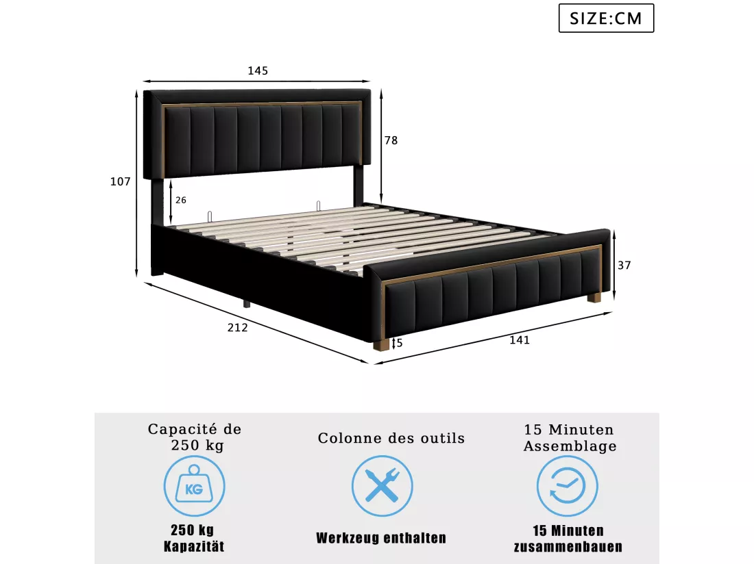 lit double rembourré 140 x 200,lit coffre avec sommier,lit adulte 140 x 200 avec levier hydraulique,velours,noir