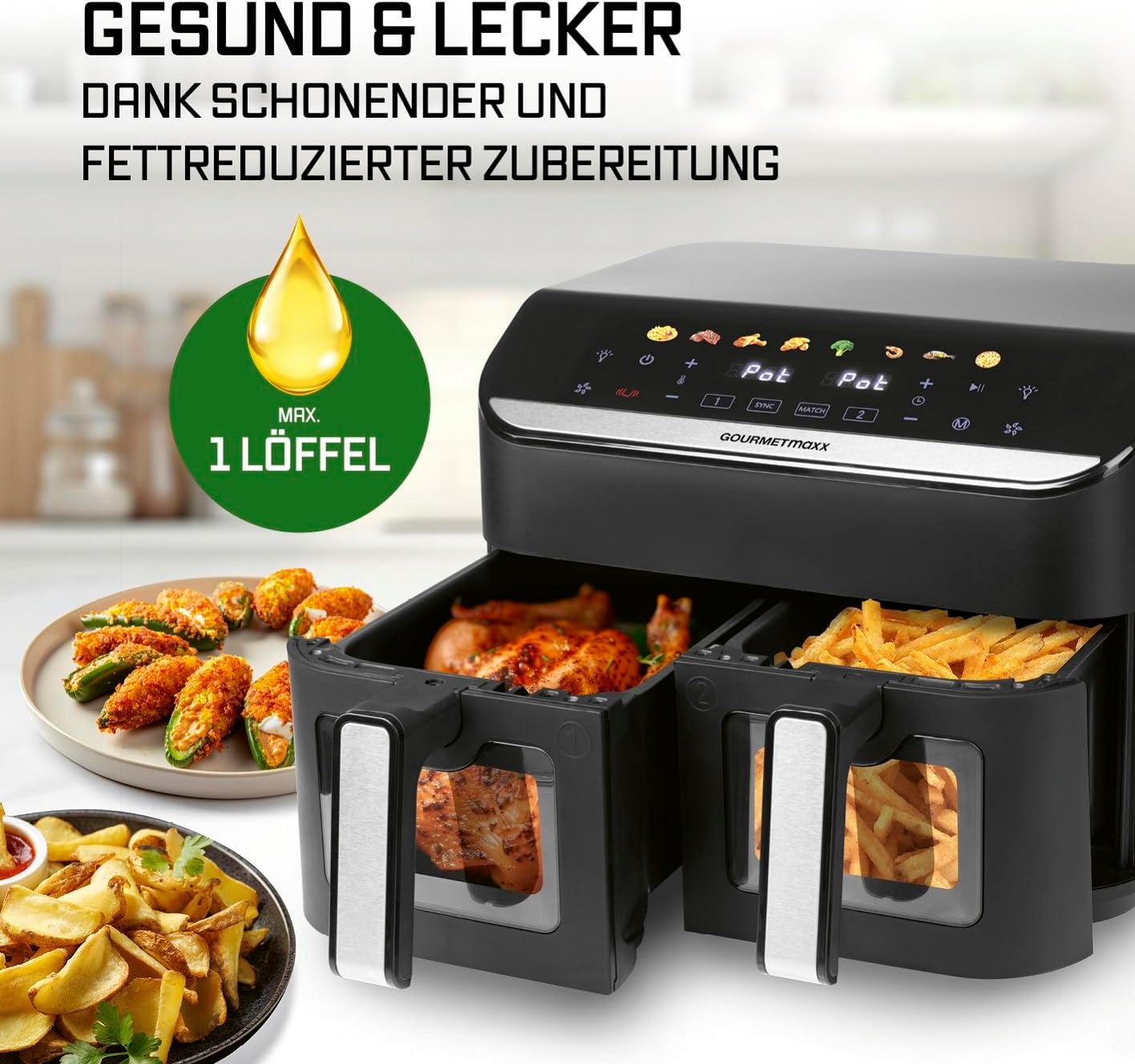 GOURMETmaxx AirGenius Heißluftfritteuse, 9 L - 2 x 4,5 L Airfryer | Fritteuse mit 8 Programmen | Heißluftfritteuse 2 Kammern - 2 Speisen gleichzeitig, für max. 8 Personen | Multi-Color Touchscreen