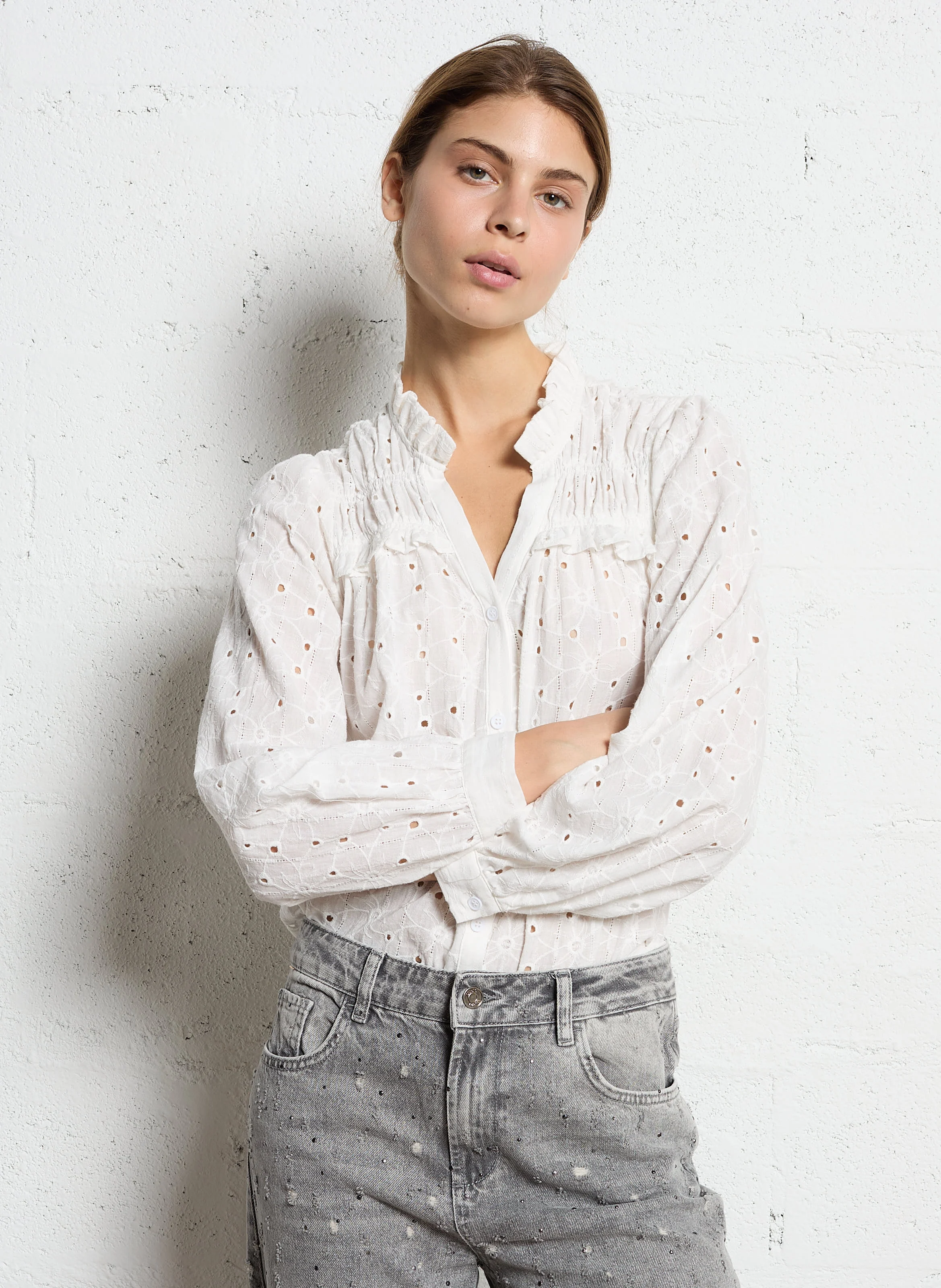 Chemise droite brodée en coton | Blanc
