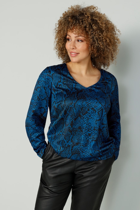 Tunika, farbiger Animalprint, V-Ausschnitt, Langarm