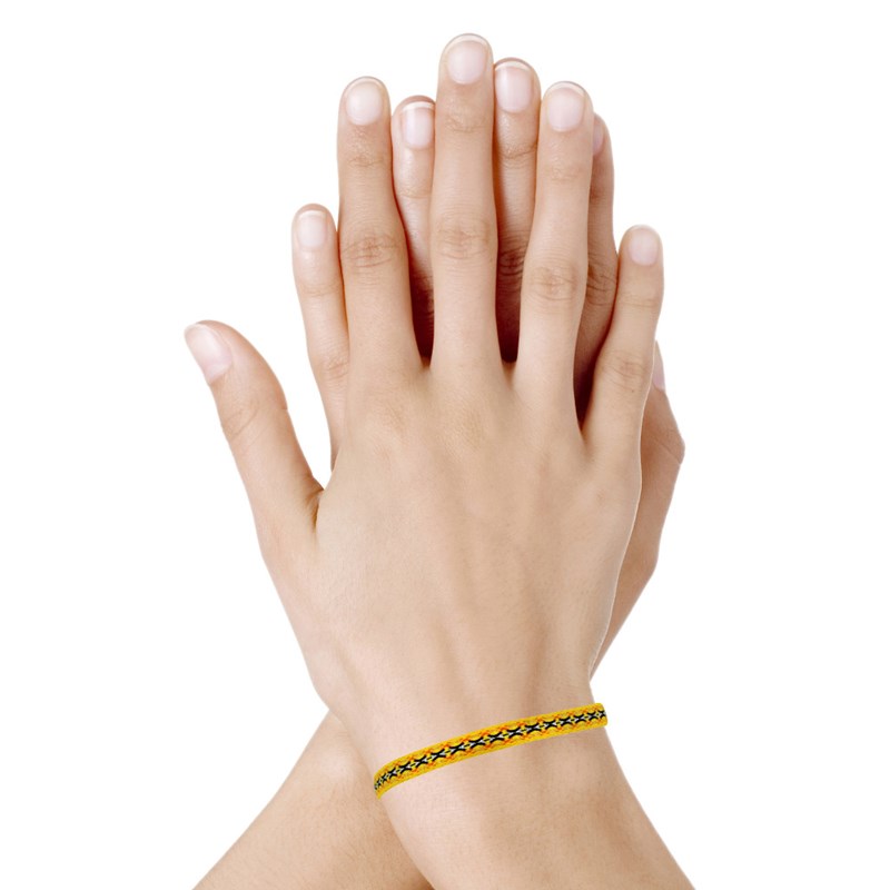 Bracelet Lien Tissé Jaune Croix Noires et Argentées