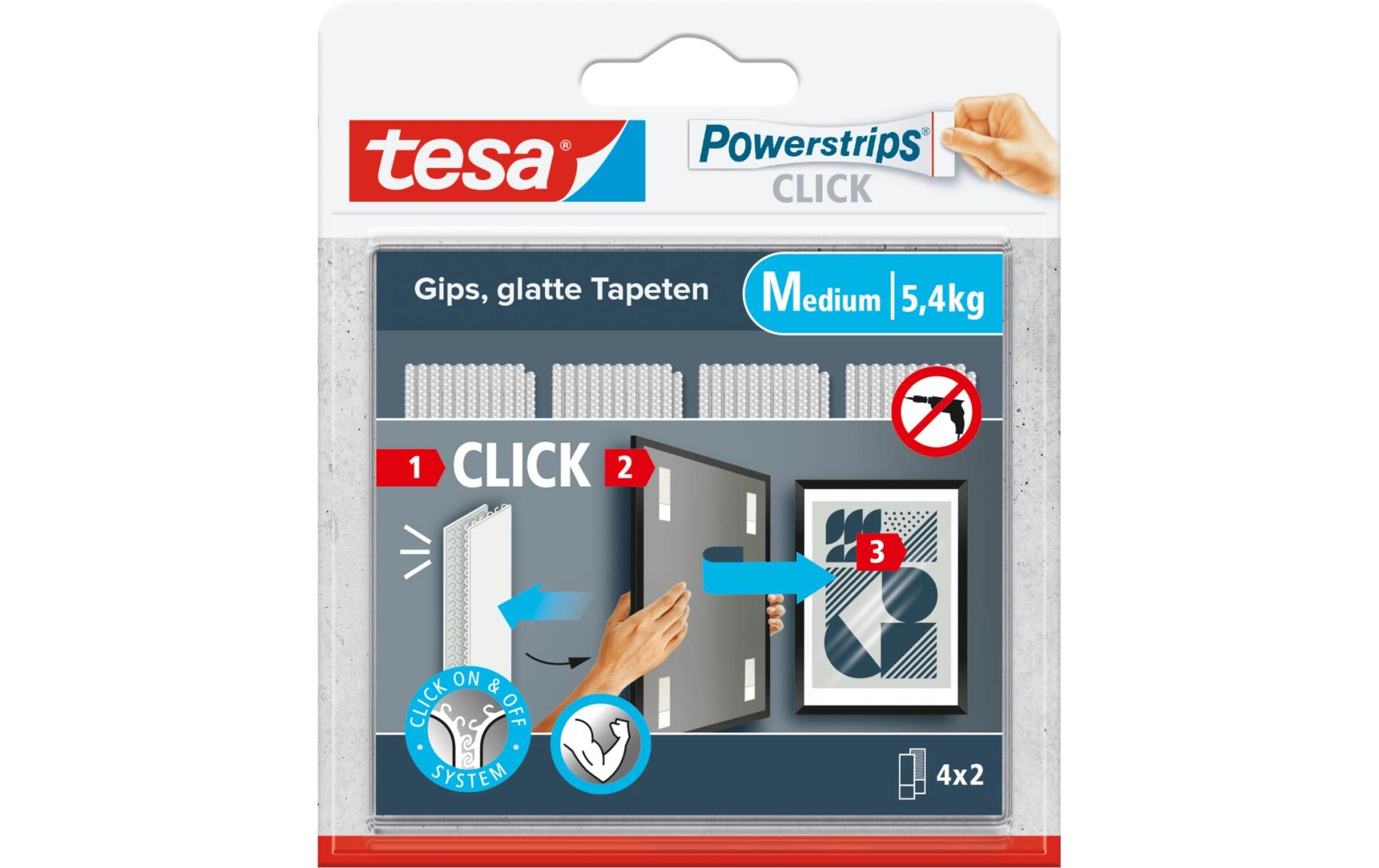Montagestreifen Powerstrips CLICK Medium 4 Paar, 5.4 kgKlett-Klebepads zum An- und Abklicken von Bilderrahmen und Wanddekorationen ohne Bohren