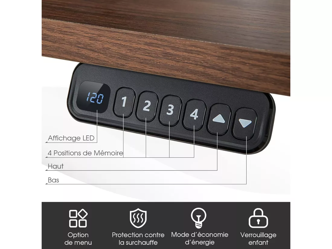 Bureau Assis-Debout Électrique à 2 Moteurs, Cadre de Bureau avec Largeur et Hauteur Réglables, Panneau de Contrôle à 4 Boutons de Mémoires, Dispositif Anti-Collision (Noir)