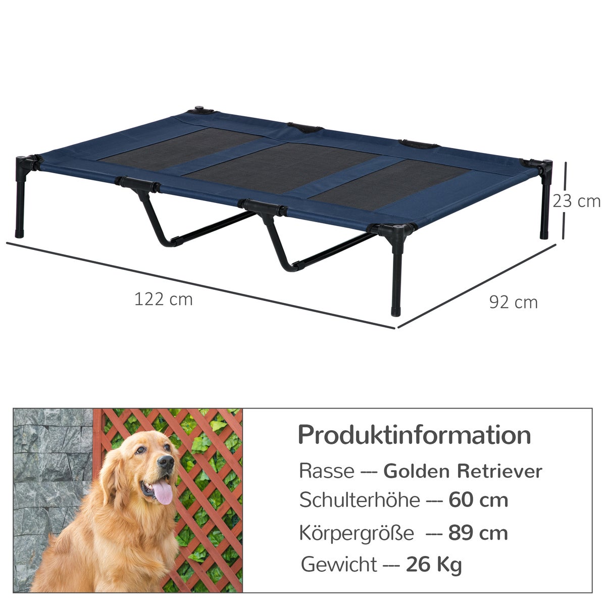 PawHut hondenbed, 122L x 92B x 23H cm, metaal, Oxford, Texteline stof, donkerblauw+zwart