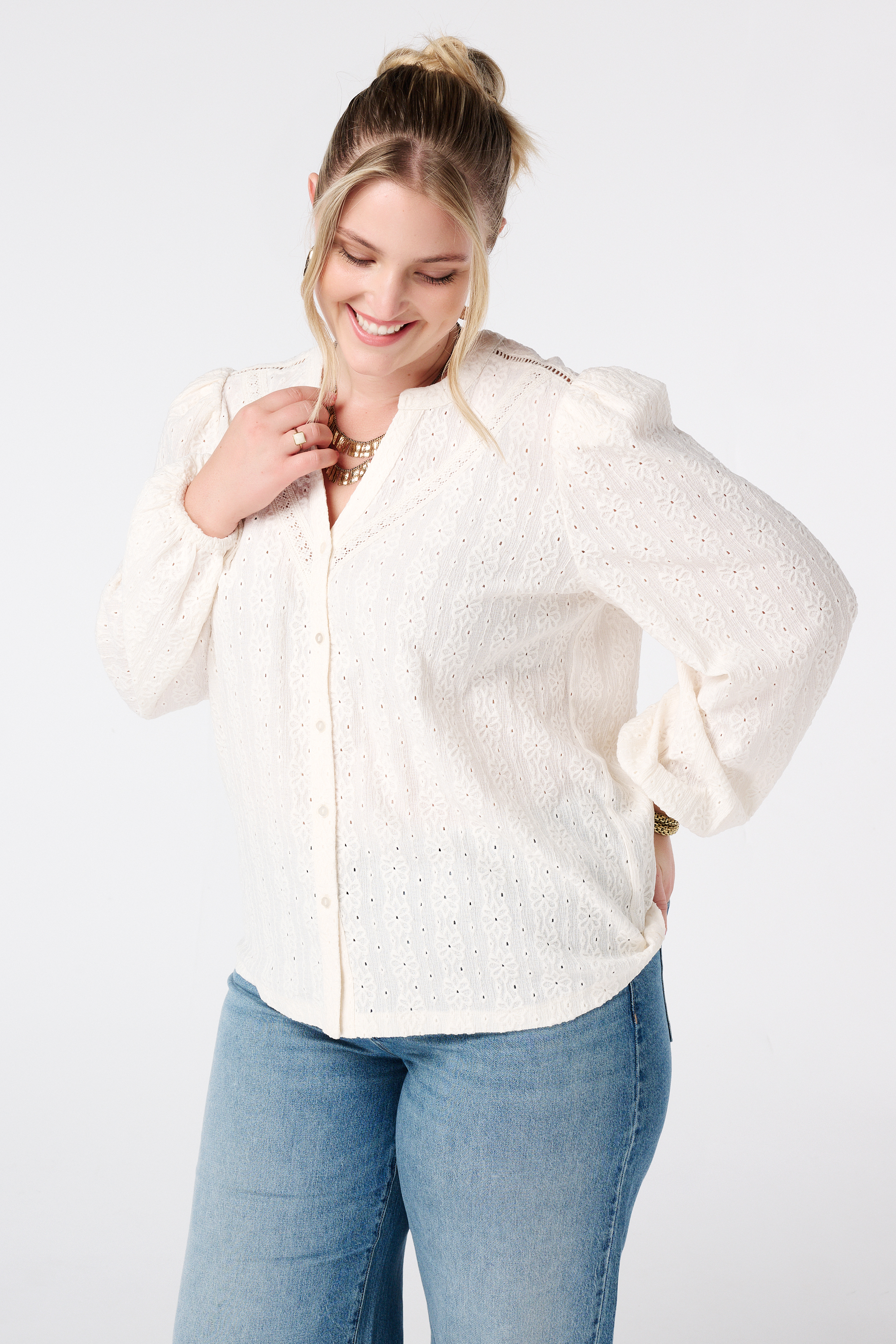 Jersey top met stretch met pofmouw Cream