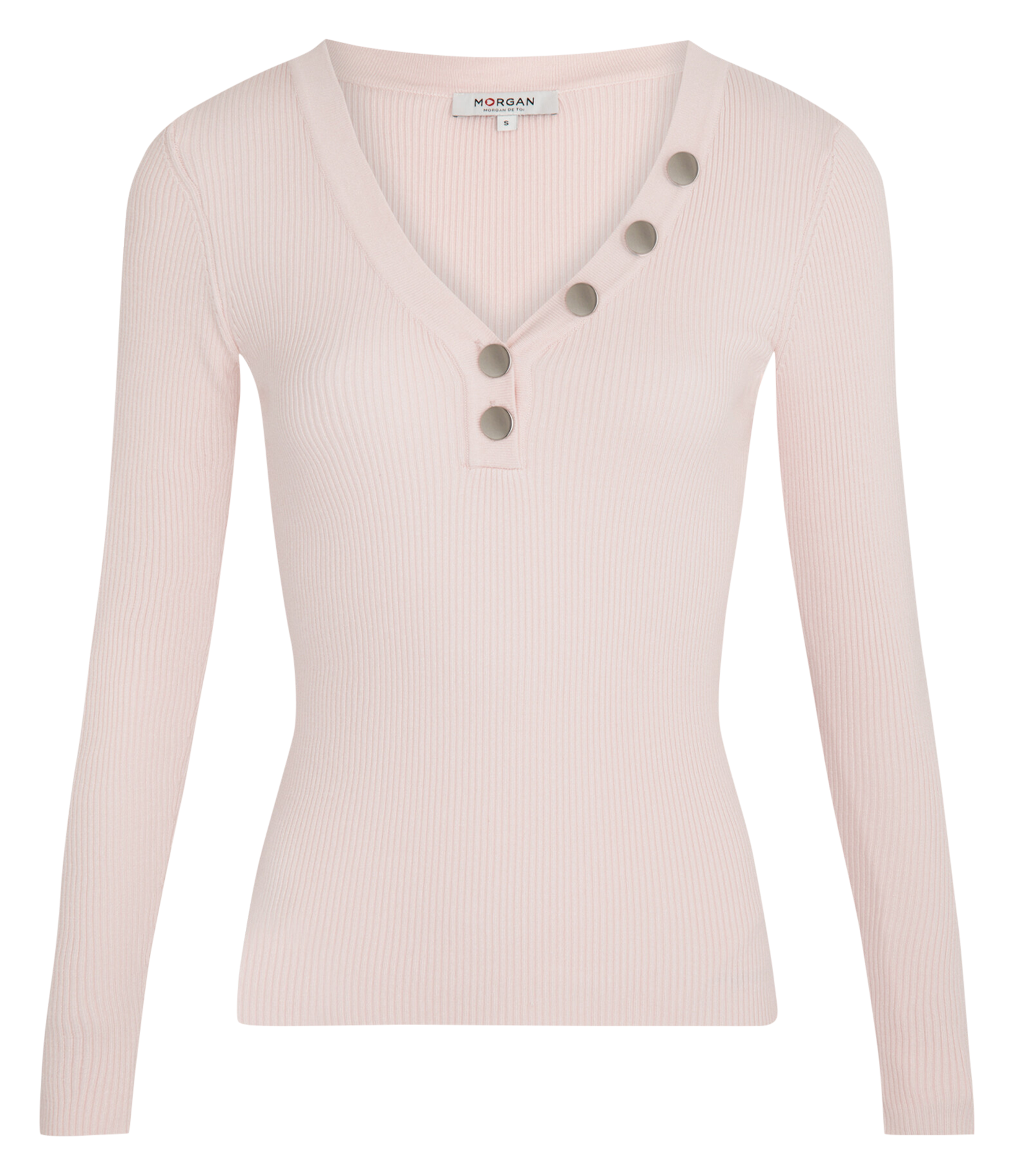 MBANBI.N - Pull col V boutonné en maille côtelée | Rose
