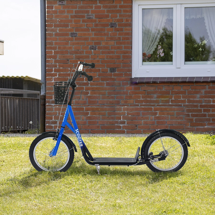 HOMCOM Kinderroller mit Vorderkorb blau, weiß