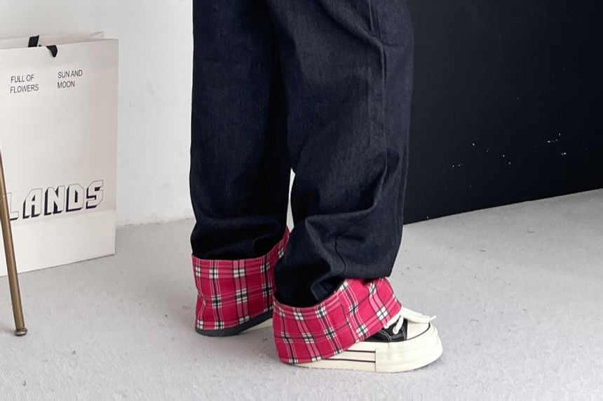 Kenning - Lage taille geruite broek met wijde pijpen