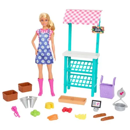 Barbie „Spaß auf dem Bauernhof“ Bauernmarkt Spielset, Barbie-Puppe (blond), Marktstand,für Kinder ab 3 Jahren Blumen, für Kinder ab 3 Jahren