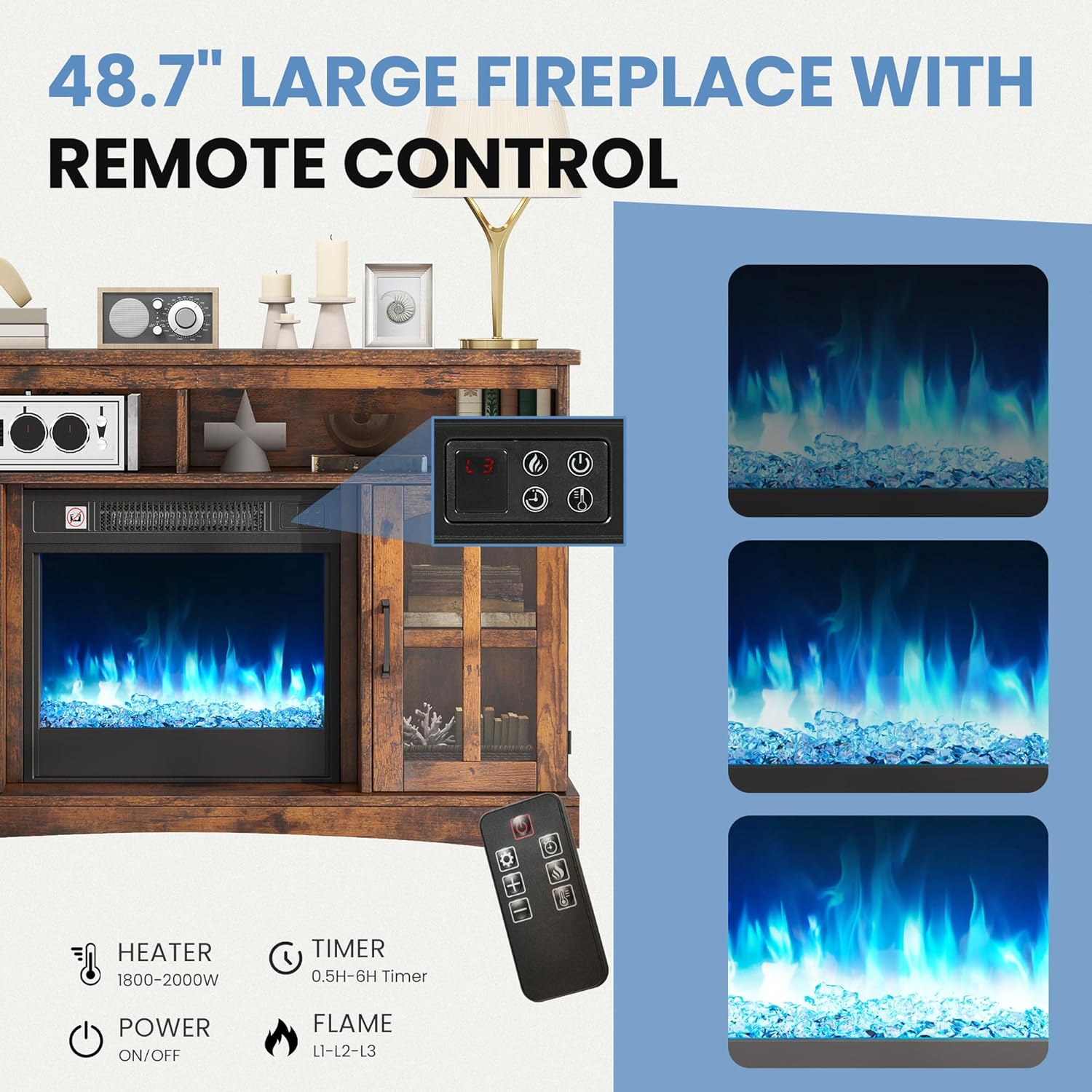TAUS elektrokamin, elektrischer Kamin, Electric Fireplace für das Wohnzimmer mit flammeneffekt, Einstellbarer Flamme, 1-8 Stunden Timer, Überhitzungsschutz, Heizfunktion & Fernbedienung