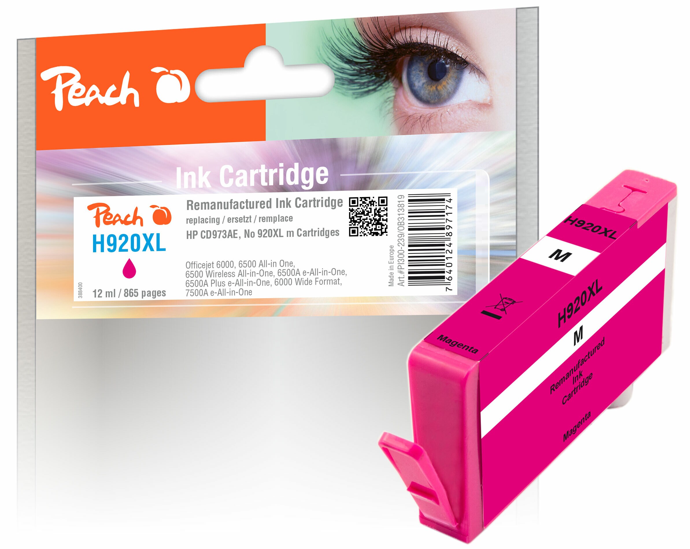 Peach HP 920 XLm Druckerpatrone XL ma ersetzt HP No. 920XL m, CD973AE für z.B. HP OfficeJet 6500 A, HP OfficeJet 6500, HP OfficeJet 6000 (wiederaufbereitet)