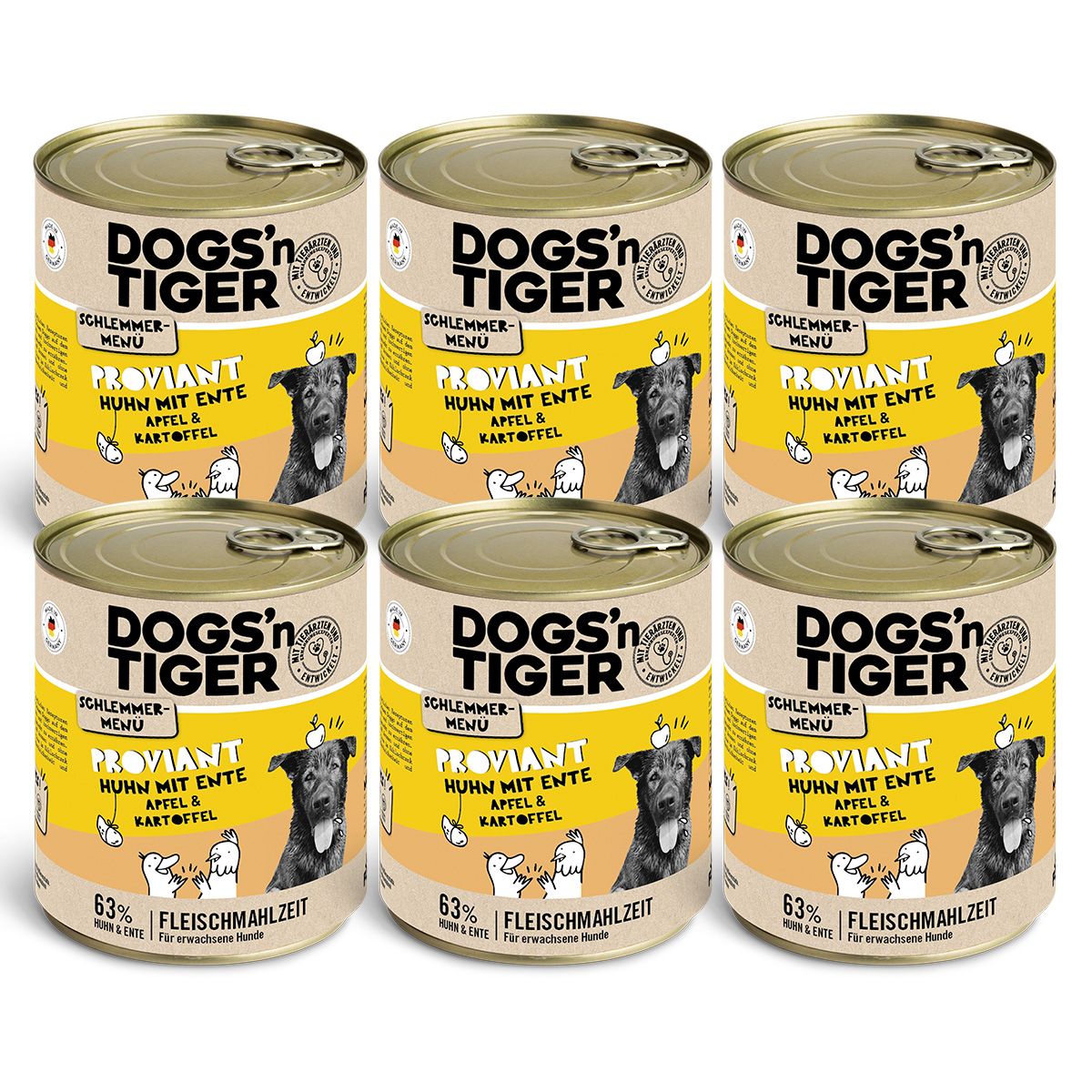 Dogs’n Tiger Adult Hundefutter, Proviant, Nassfutter, Getreidefrei, Huhn, Ente, Apfel & Kartoffel