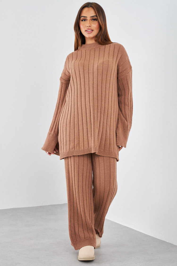 Ensemble 2 pièces pull long + pantalon en laine marron