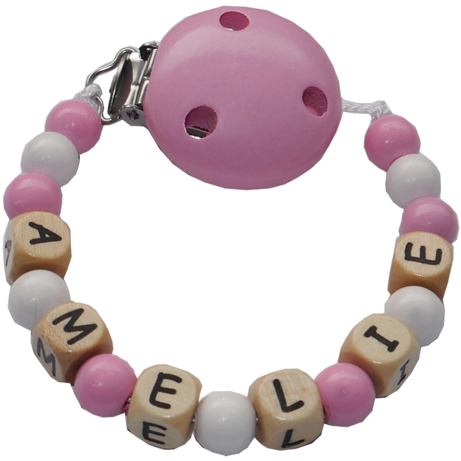 Schnullireich Schnullerkette mit Namen bis 8 Buchstaben (Holz) Rosa