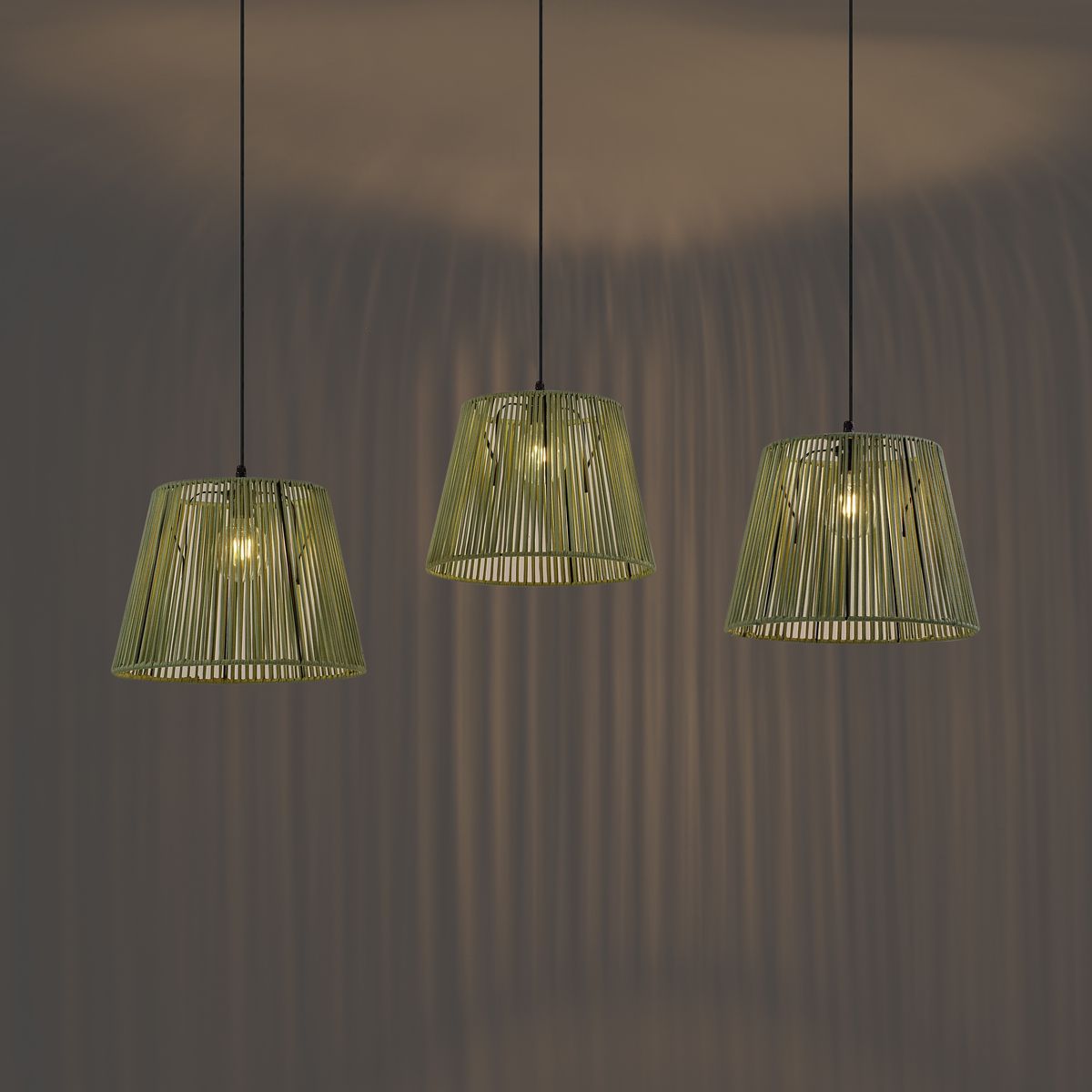 Buiten hanglamp zwart met groene kappen van touw 3-lichts IP44 - Cava Jayla
