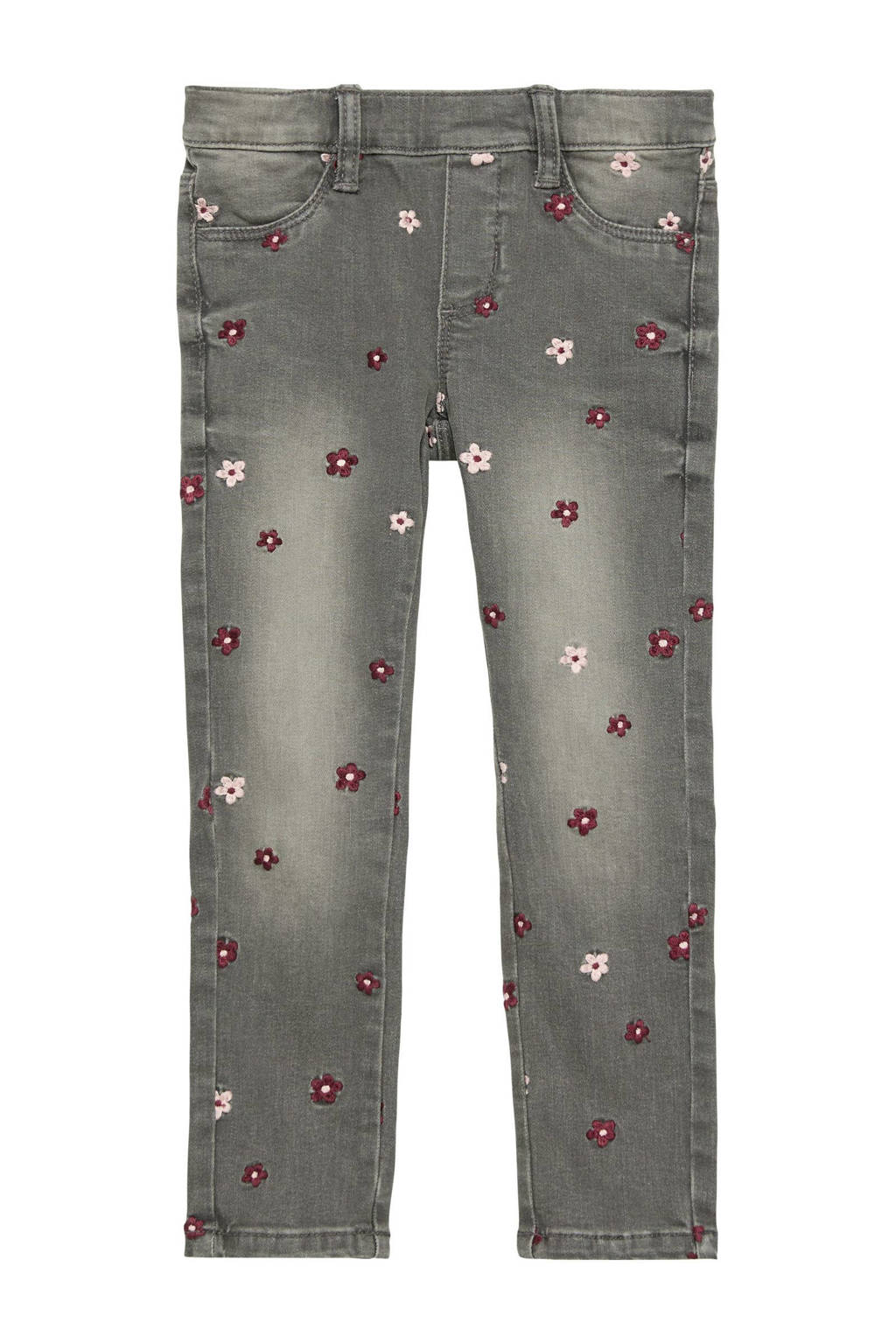 s.Oliver gebloemde skinny jeans grijs/roze/rood